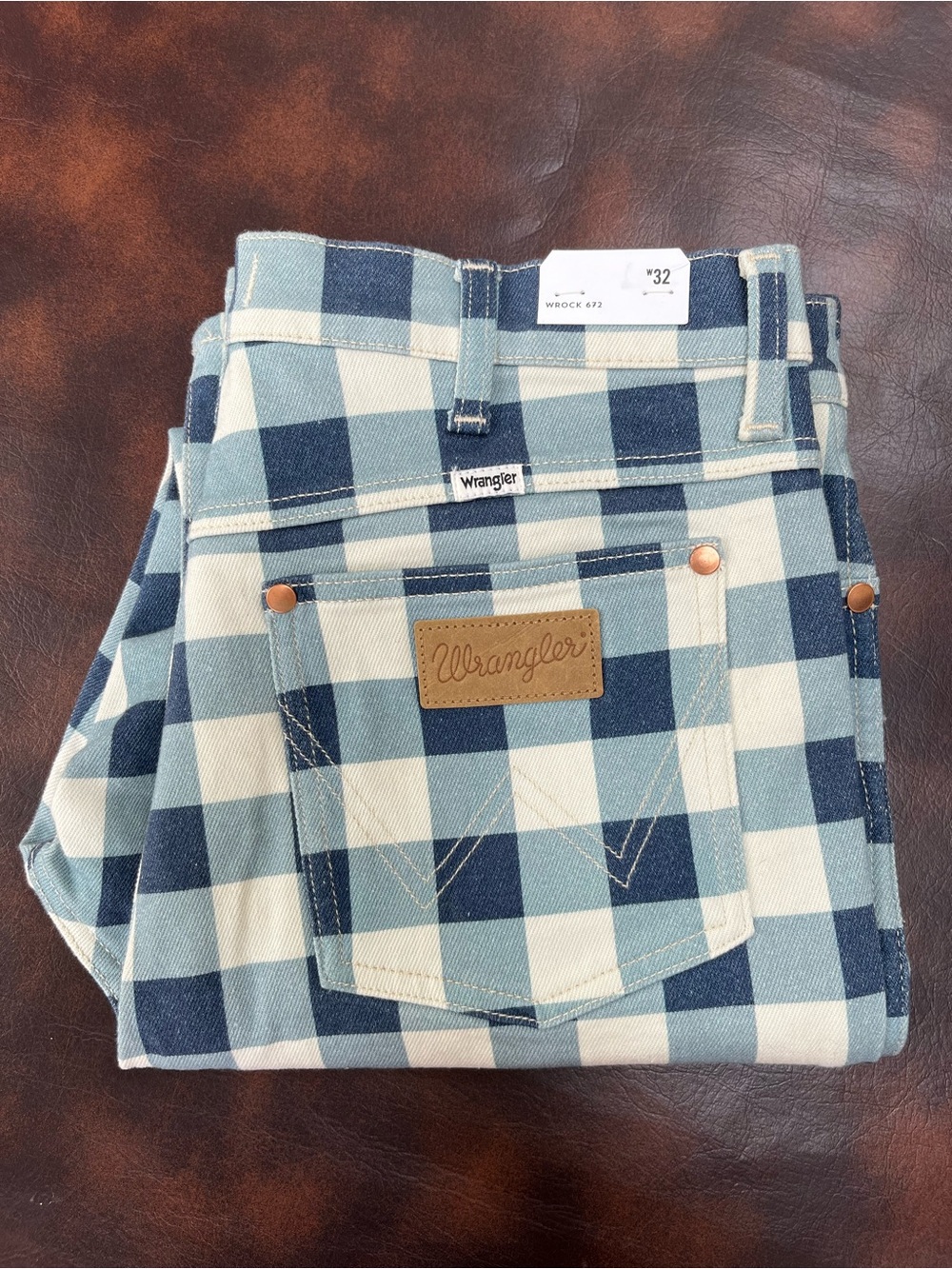Anthropologie Wrangler Wrock Checker Flare Jeans High-Rise NWT Blue/Cream SZ 32